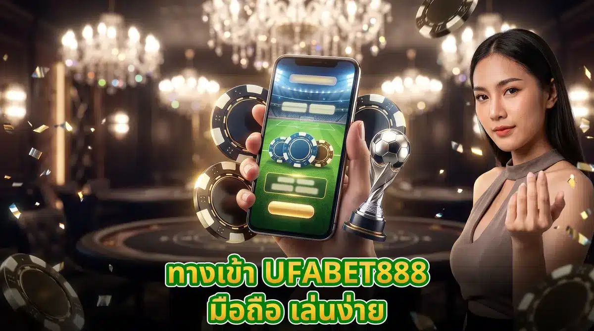 โทรศัพท์มือถือที่แสดงหน้าจอเว็บแทงบอลและชิปคาสิโนดิจิทัล สื่อถึงทางเข้า UFABET888 ล่าสุด
