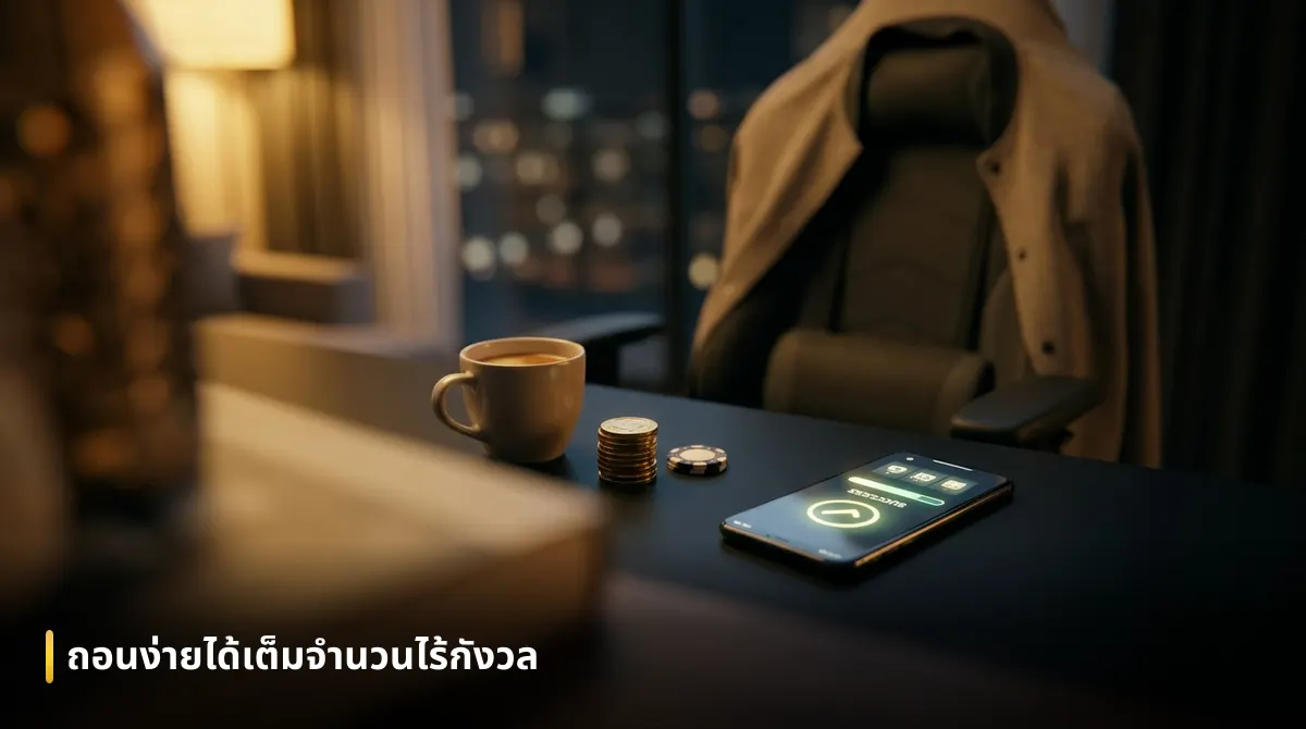 ผู้เล่นนั่งพิงเก้าอี้ด้วยความสบายใจหลังจากถอนเงินสำเร็จผ่านระบบออโต้แท้โดยไม่ต้องรอการอนุมัติจากแอดมิน